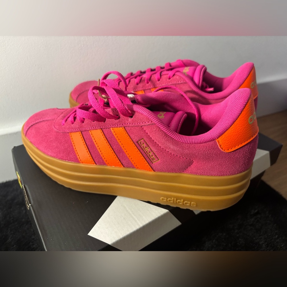 adidas Women’s Pink Suede Sneakers with Orange Stripes and Gum Sole
